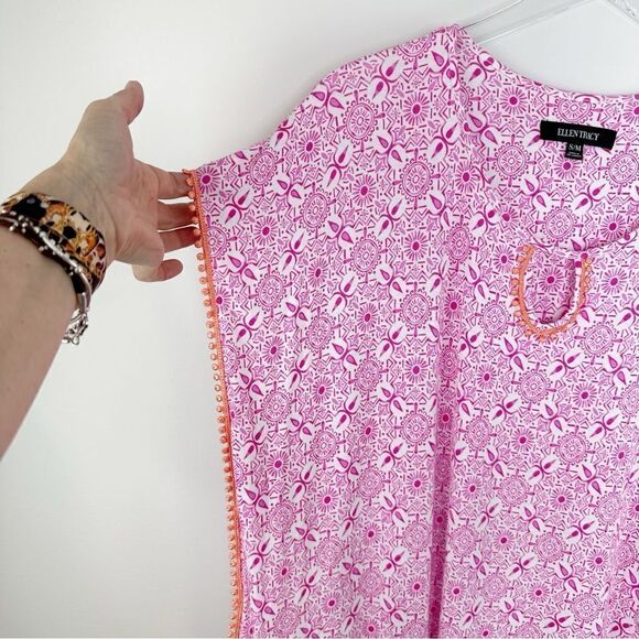 Ellen Tracy Pink/White Tunic/Swim Suit Cover up Orange Dot Trim Pockets Sz Small - Picture 3 of 10
